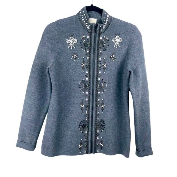 Chico's Pearl embellished Gray Zip Up  Sweater Women Size 0 - Picture 1 of 13